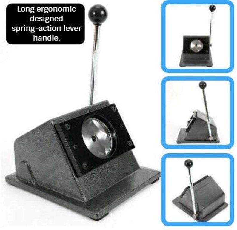 May include: A gray metal circle punch with a long ergonomic lever handle. The punch is designed to cut circles out of paper, cardstock, or other materials.