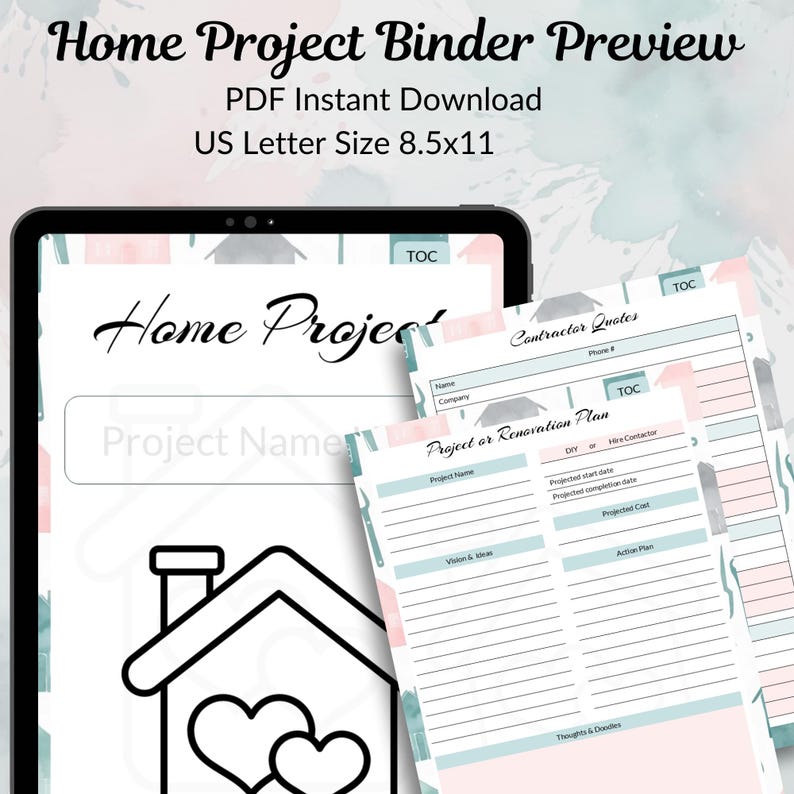 Home Project Planner Binder, Renovation Tracker, Teal & Pink (PDF ...