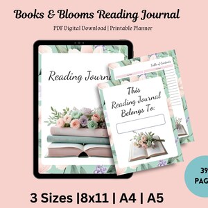 Diario di lettura Books and Blooms, planner di lettura floreale stampabile, scaricabile in PDF, adatto a fiori e stampe, formato Ltr 8x11, A4, A5