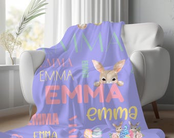 Manta de conejito de Pascua personalizada con nombre, manta personalizada, regalo para niñas, suave manta de felpa, acogedora decoración de Pascua, nombre para bebés y niños pequeños