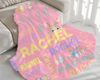 Manta de Pascua personalizada, regalo para niñas, manta con nombre, manta de conejito personalizada, suave y acogedora manta de felpa, decoración de Pascua para niños, bebés y niños pequeños.