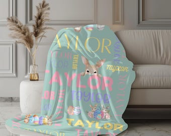 Manta de conejito personalizada, manta de Pascua personalizada, manta con nombre, regalo para niñas, suave manta de felpa, acogedora decoración de Pascua, nombre para niños y bebés
