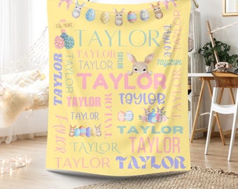 Manta de Pascua personalizada con nombre, manta de conejito personalizada, regalo para niñas, suave manta de felpa, acogedora decoración de Pascua, nombre para bebés y niños pequeños