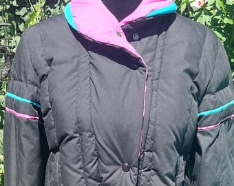 Veste de ski style Carrie Obermeyer noir sarcelle et rose rayé vintage des années 1980