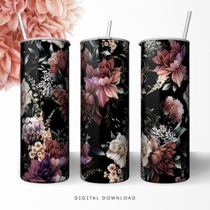 Floral Tumbler, Sublimation Tumbler, Dark tumbler, Seamless floral design 20oz Skinny Tumbler Wraps Templates - PNG