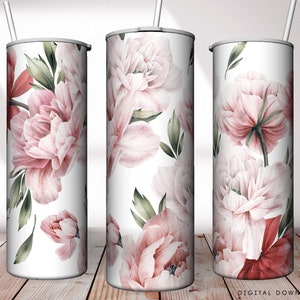 Peonies Tumbler, Sublimation Tumbler, Seamless floral design 20oz Skinny Tumbler Wraps Templates - PNG