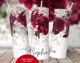Burgundy Floral Tumbler: Personalized 20oz Skinny Tumbler Wrap (PNG Digital Download)