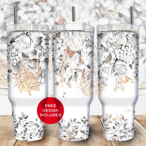 Floral Tumbler Wrap: Black and White Seamless PNG Design (Digital Download)