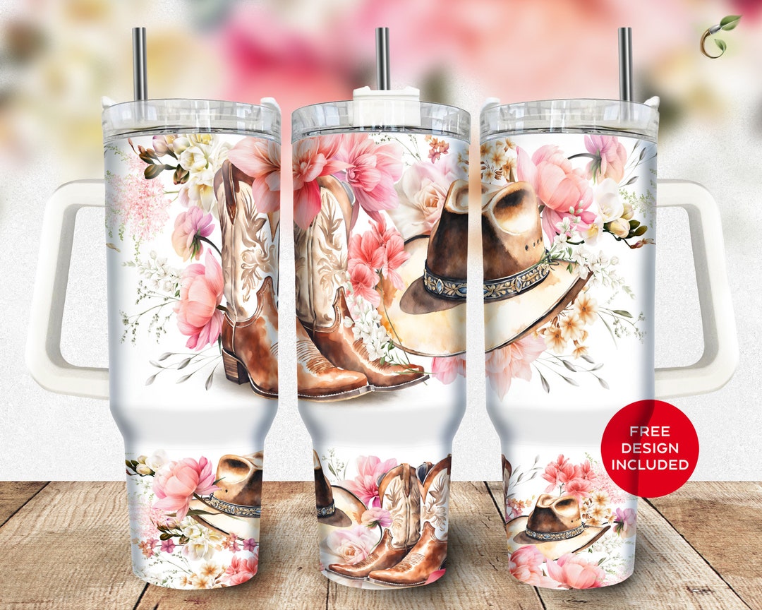 Cowgirl Boots & Hat Tumbler Wrap, 40oz Quencher Tumbler Wrap, Floral ...