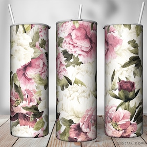Peonies Floral Tumbler Sublimation Design: 20oz Skinny Tumbler (PNG Digital Download)