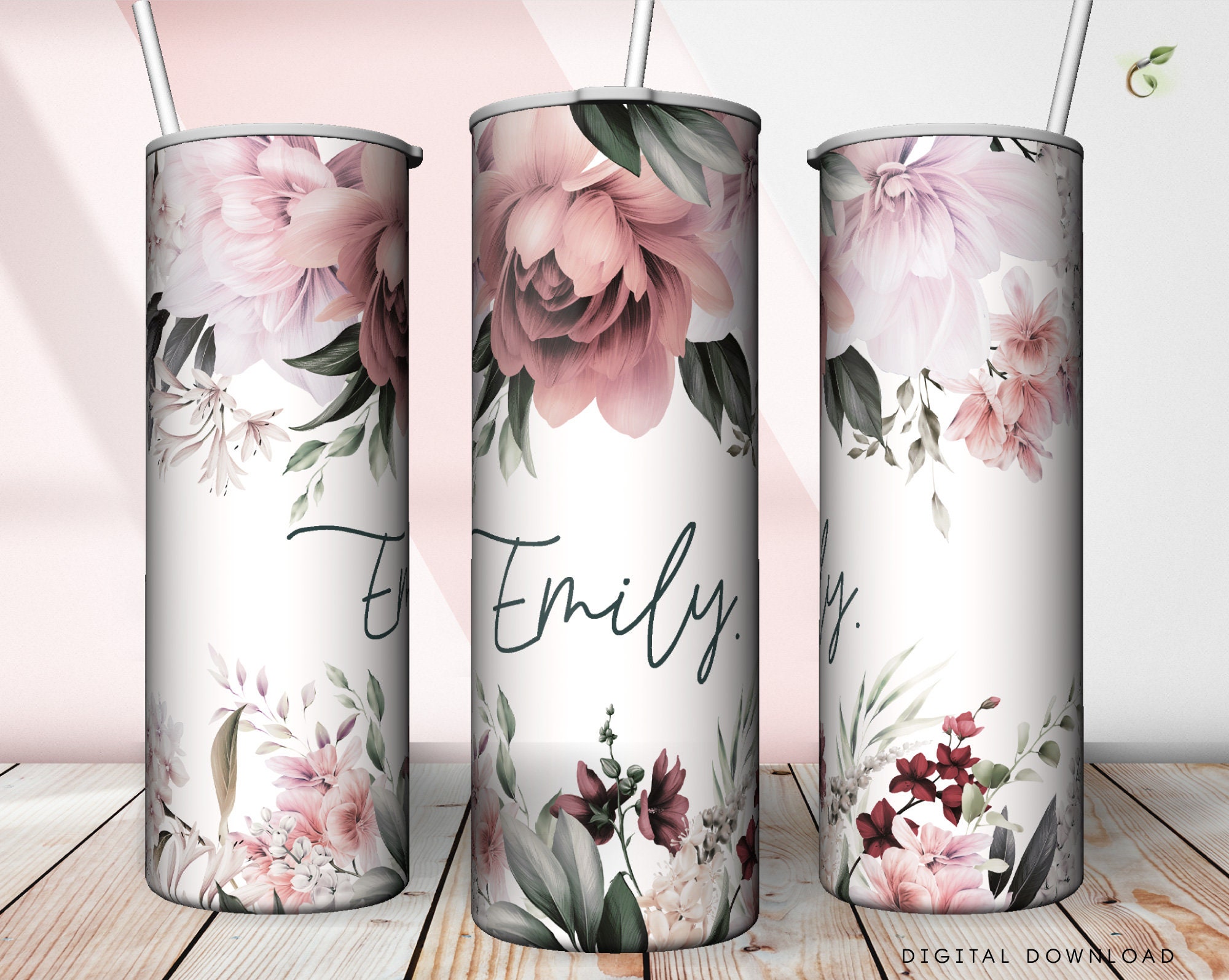 Personalized Initials A-F Floral Wreath Skinny Tumbler