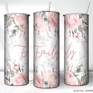 Floral Tumbler, Pink flowers, Add your own text or name, Sublimation Tumbler, Seamless floral design 20oz Skinny Tumbler Wraps PNG