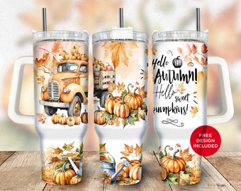 Retro Fall Truck Tumbler Wrap PNG: 40oz Stanley Quencher Sublimation Design (Digital Download)