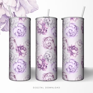 Peony Tumbler, Purple peonoes, Sublimation Tumbler, Seamless floral design 20oz Skinny Tumbler Wraps Templates - PNG