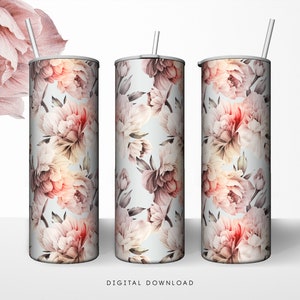 Peonies Tumbler, Sublimation Tumbler, Seamless floral design 20oz Skinny Tumbler Wraps Templates PNG