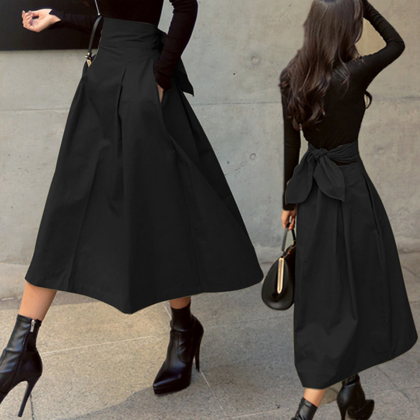 Women Fashion Solid Color Big Swing High Waist Bow Slim Long Skirts - Etsy