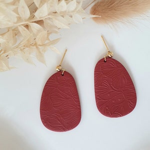Polymerclay earrings, oval earrings, gold-plated plugs, clay earrings, polymer tone, floral earrings, bordeaux