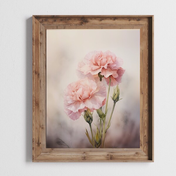 Printable Pink Carnations Watercolor - Soft Muted Dew Drops Floral Digital Art, Neutral Antique Background - Spring Printable Art