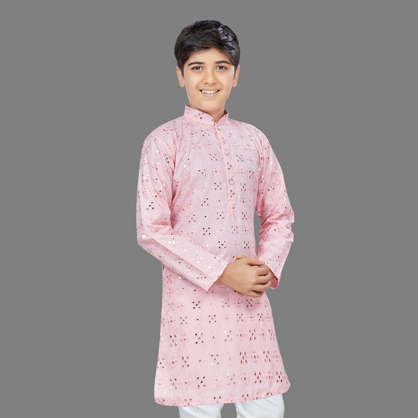 Boys Indian Traditional Cotton Kurta With Embroidered Sequence Work & Payjama Set | Kids Readymade Wedding Ethnic PartyWear Set