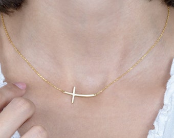 14K Gold Sideways Cross Necklace, Off Center Cross Necklace, Silver Sideways Crucifix Necklace, Mother Gift Jewelry, Christmas Gift For Mom