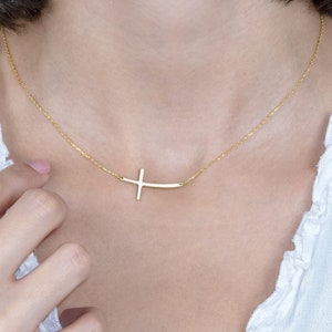 14K Gold Sideways Cross Necklace, Off Center Cross Necklace, Silver Sideways Crucifix Necklace, Mother Gift Jewelry, Best Mothers Day Gift image 1