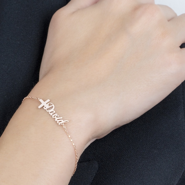 Personalized Name Cross Bracelet, 14K Gold Name Cut Bracelet, Customized Handwriting Cross Name Bracelet, Mother Gift Jewelry, Gift For Her