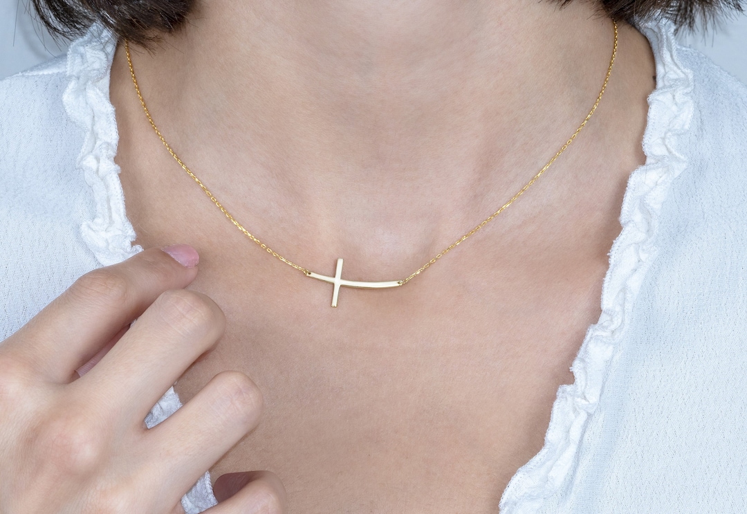 14K Gold Sideways Cross Necklace, off Center Cross Necklace, Silver Sideways Crucifix Necklace
