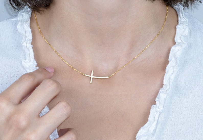 14K Gold Sideways Cross Necklace, Off Center Cross Necklace, Silver Sideways Crucifix Necklace, Mother Gift Jewelry, Best Mothers Day Gift image 1