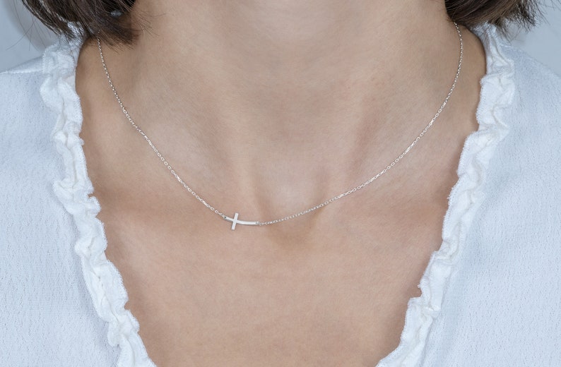 14K Gold Sideways Cross Necklace, Off Center Cross Necklace, Silver Sideways Crucifix Necklace, Mother Gift Jewelry, Best Mothers Day Gift image 3