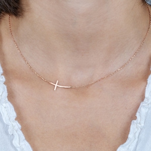 14K Gold Sideways Cross Necklace, Off Center Cross Necklace, Silver Sideways Crucifix Necklace, Mother Gift Jewelry, Best Mothers Day Gift image 2