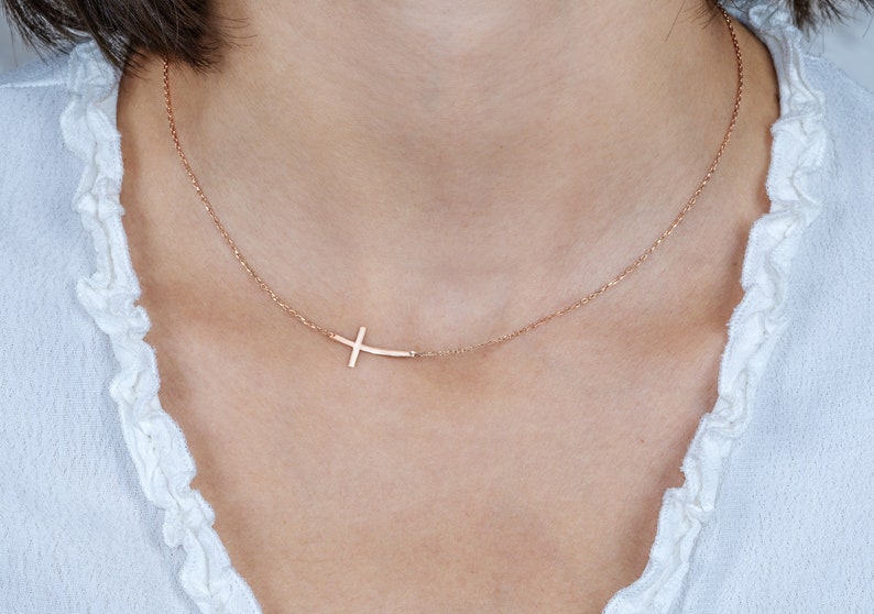 14K Gold Sideways Cross Necklace, Off Center Cross Necklace, Silver Sideways Crucifix Necklace, Mother Gift Jewelry, Best Mothers Day Gift image 2