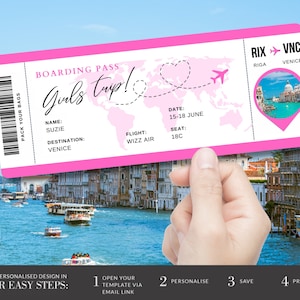 Bearbeitbare Bordkartenvorlage, druckbares personalisiertes Flugticket, Canva Bordkarte, digitaler Download Girls Trip Invite