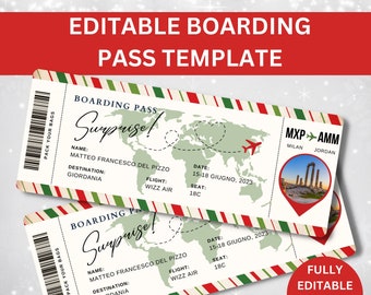 Bearbeitbare Bordkartenvorlage, druckbares personalisiertes Flugticket, anpassbare Flugtickets Weihnachten, Fluggeschenke, Canva-Vorlage