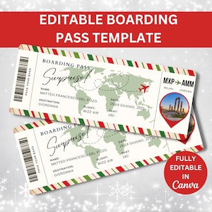 Bearbeitbare Bordkartenvorlage, druckbares personalisiertes Flugticket, anpassbare Flugtickets Weihnachten, Fluggeschenke, Canva-Vorlage