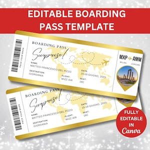 Modèle modifiable de carte d'embarquement, billet d'avion personnalisé imprimable, billets d'avion personnalisables pour Noël, cadeaux des compagnies aériennes, modèle canva