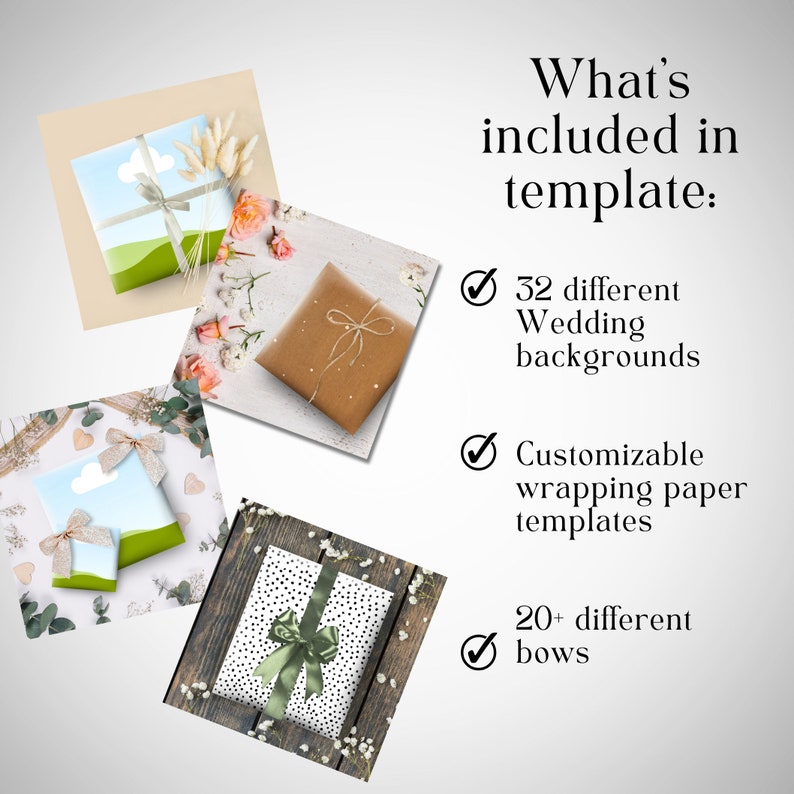 May include: A digital download of wedding gift box templates. The image shows three different gift boxes with various backgrounds and wrapping paper designs. The text on the image reads "What's included in template: 32 different Wedding backgrounds, Customizable wrapping paper templates, 20+ different bows."