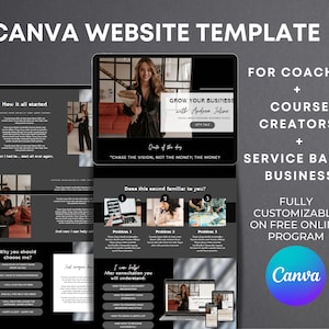Modelo de site Canva para coach, modelos de curso de coaching Canva, site de modelo de programa de coaching, negócios, serviços, estética escura
