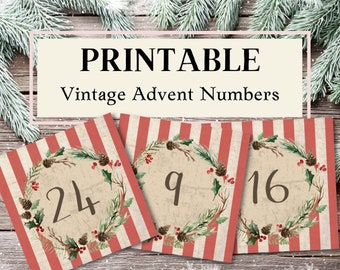 Advent Calendar Printable, Junk Journal, Christmas, Advent, Vintage Numbers, Tags, Labels, December Daily, Countdown, Printable Download