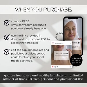 May include: Image promoting social media templates. Text includes instructions: create a Canva account, use a PDF link, and edit templates. A phone displays a template with the text "SELF CARE TIME." The text also says the templates are for personal and professional use.