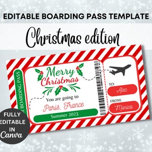 Editable Christmas Boarding Pass Template, Printable Airline Ticket, Fake Plane Ticket, Boarding Pass Surprise Trip, EDITABLE on Canva