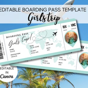 Bearbeitbare Bordkarten-Vorlage, druckbares personalisiertes Flugticket, Canva-Bordkarte, digitaler Download, Mädchen-Reiseeinladung, Urlaub
