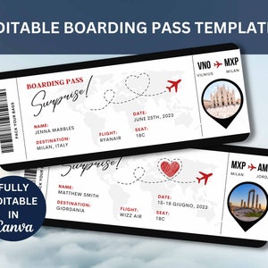 Bewerkbare instapkaartsjabloon, afdrukbaar gepersonaliseerd vliegticket, canva-instapkaart, digitale download DIY-instapkaart