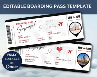 Editable Boarding Pass Template, Printable Personalized Airline Ticket, Canva Boarding Pass, Digital Download DIY Boarding Ticket