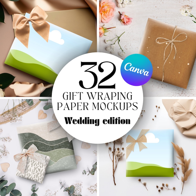 May include: A set of 32 gift wrapping paper mockups for weddings. The mockups feature different designs with a green and blue color scheme, including a landscape with a cloud and a hill. The mockups are arranged in a collage with a white background and a Canva logo.