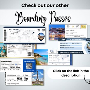 May include: A collection of printable boarding pass templates with different destinations, including Rome, Bali, Helsinki, Paris, and Berlin. The templates feature a blue and white color scheme with a QR code and a small image of the destination.