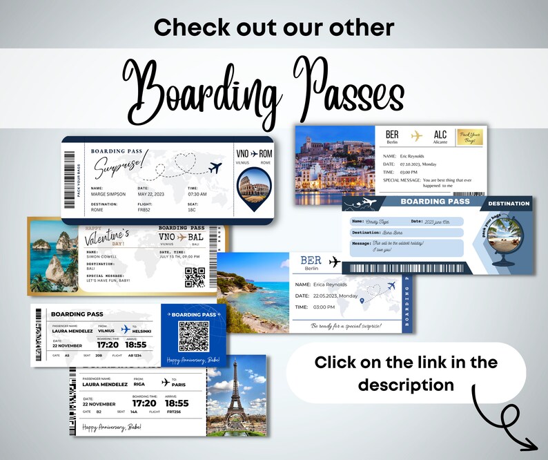 May include: A collection of printable boarding pass templates with different destinations, including Rome, Bali, Helsinki, Paris, and Berlin. The templates feature a blue and white color scheme with a QR code and a small image of the destination.