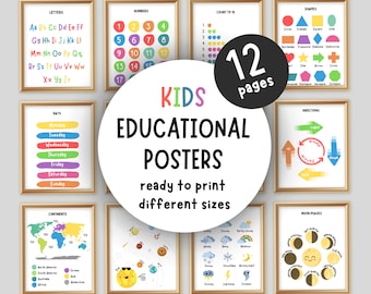 Set of 12 Educational Posters, Homeschool Learning, Preschool Decor Prints, Montessory Gift for Baby Kids,Montessori Toddler Playroom