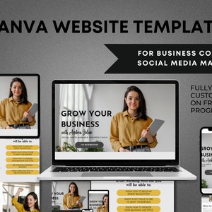 May include: A Canva website template for business coaches and social media managers. The template features a woman holding a tablet and the text "Grow Your Business with Andrea Jolie". The template is fully customizable on the free online program Canva.