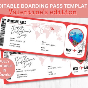Editable Valentines Boarding Pass Template, Printable Personalized Airline Ticket, Canva Boarding Pass, Digital Download Gift For Him