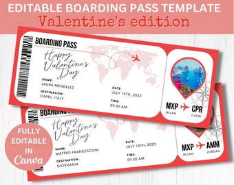 Editable Valentines Boarding Pass Template, Printable Personalized Airline Ticket, Canva Boarding Pass, Digital Download Gift For Him